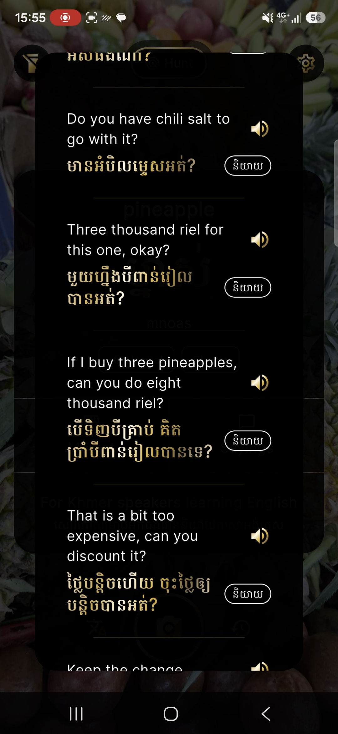 Second screen of market phrases for pineapple